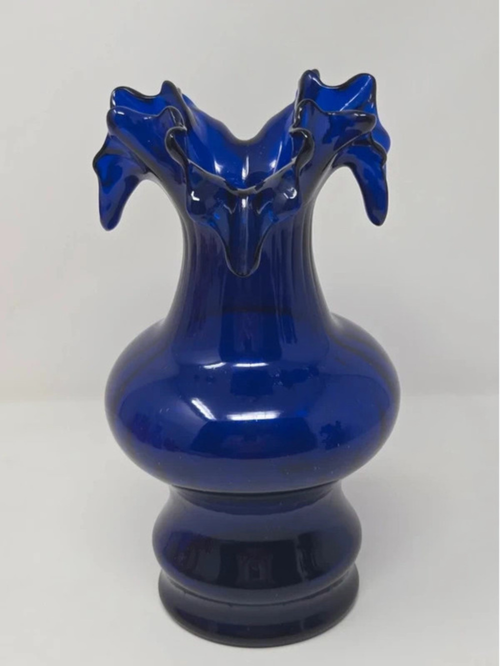 Fenton Cobalt Blue Art Glass Vase Ruffled Fluted Rim Pedestal Base Decor